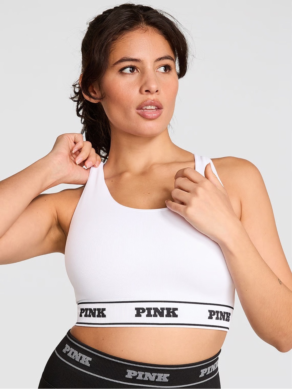 Victoria’s Secret PINK Seamless Reversible Sports Bra White Black Logo Size L NW